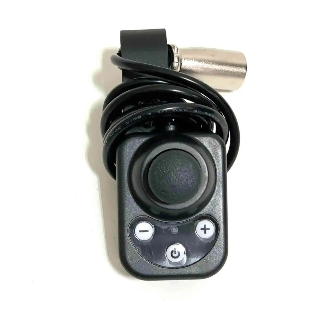 The ComfyGO Caregiver Controller for Electric Wheelchairs is a black joystick with a coiled cable, silver connector, and four buttons—plus, minus, power, and circle—shown on a white background.